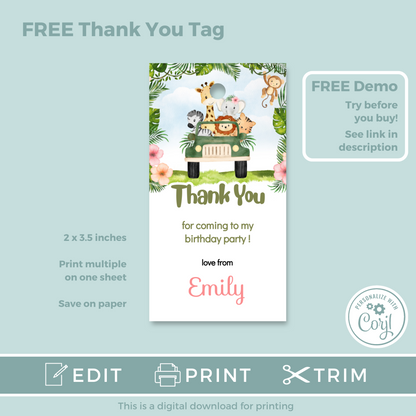 Editable Evite Birthday Invitation and FREE Thank You Tag - Safari