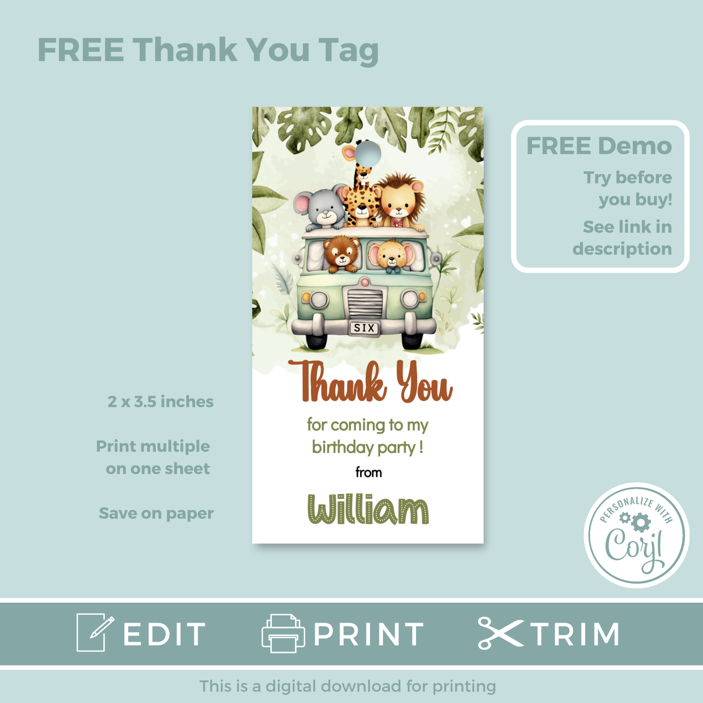 Editable Evite Birthday Invitation and FREE Thank You Tag - Safari