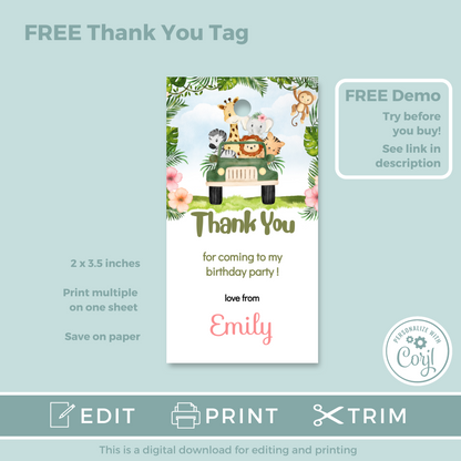 Editable Birthday Invitation and FREE Thank You Tag - Safari