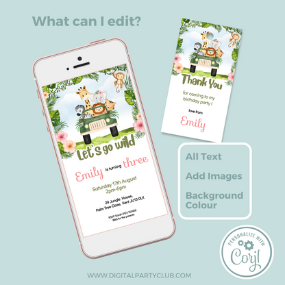 Editable Evite Birthday Invitation and FREE Thank You Tag - Safari