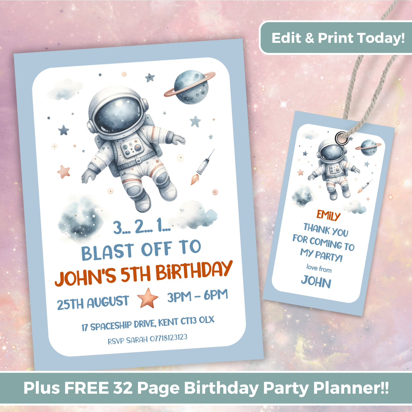 Editable Birthday Invitation and FREE Thank You Tag - Spaceman