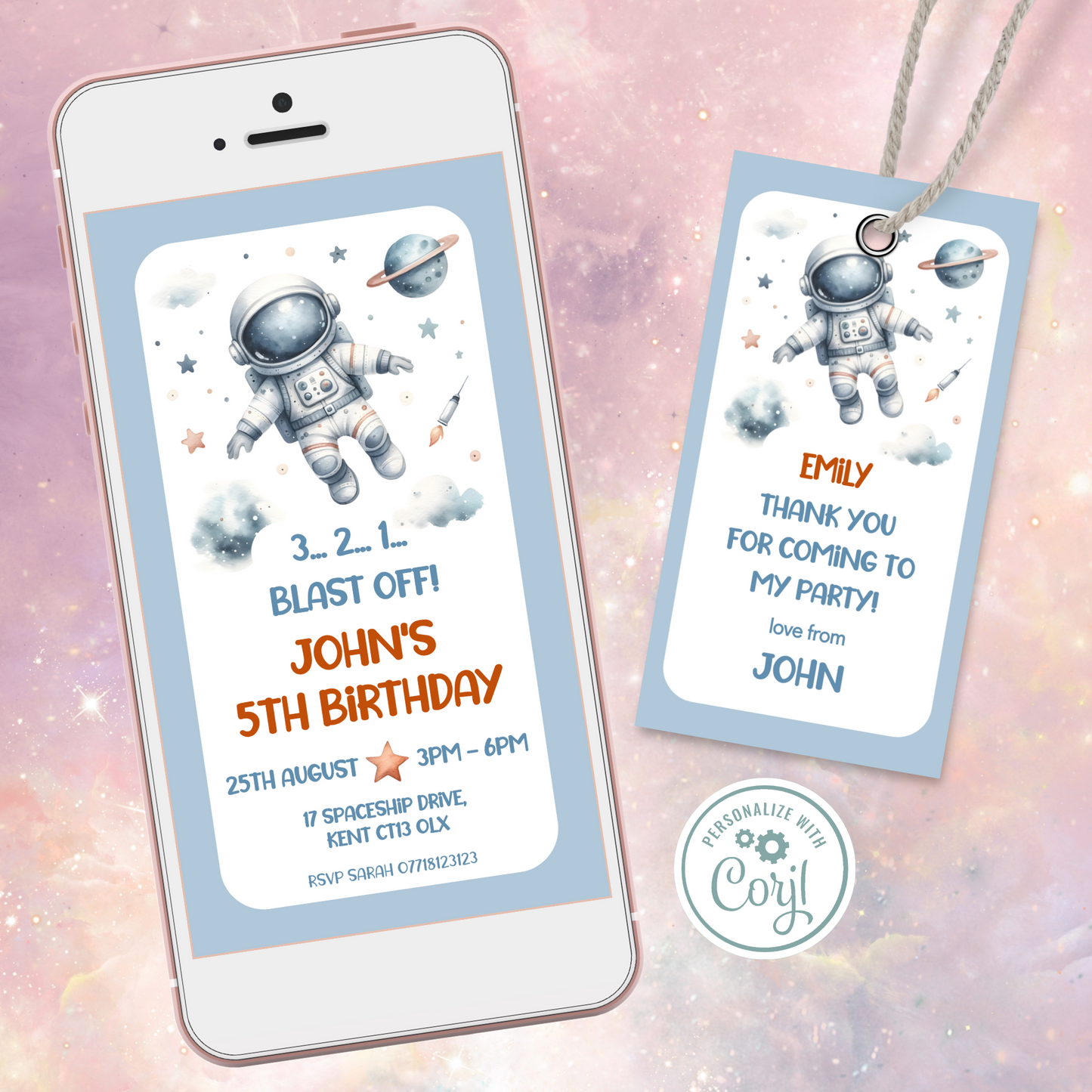 Editable Evite Birthday Invitation and FREE Thank You Tag - Spaceman