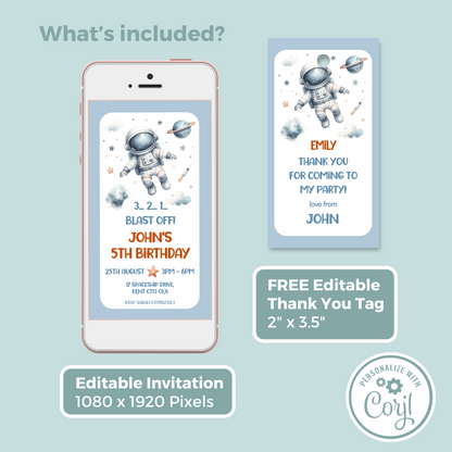 Editable Evite Birthday Invitation and FREE Thank You Tag - Spaceman