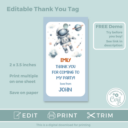 Editable Birthday Thank You Tag - Spaceman