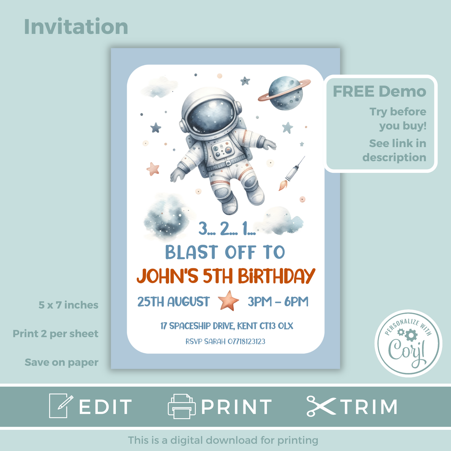 Editable Birthday Invitation and FREE Thank You Tag - Spaceman