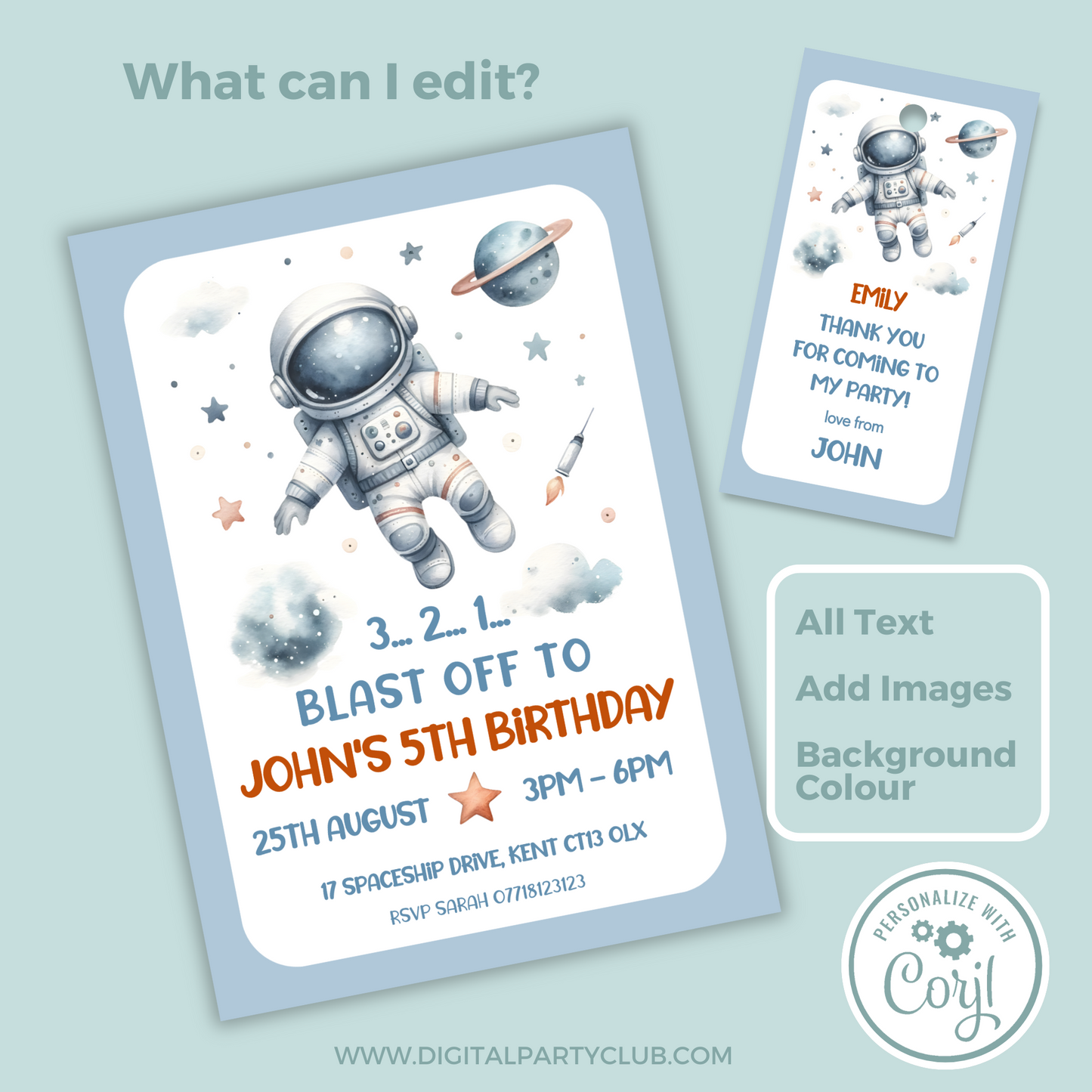 Editable Birthday Invitation and FREE Thank You Tag - Spaceman