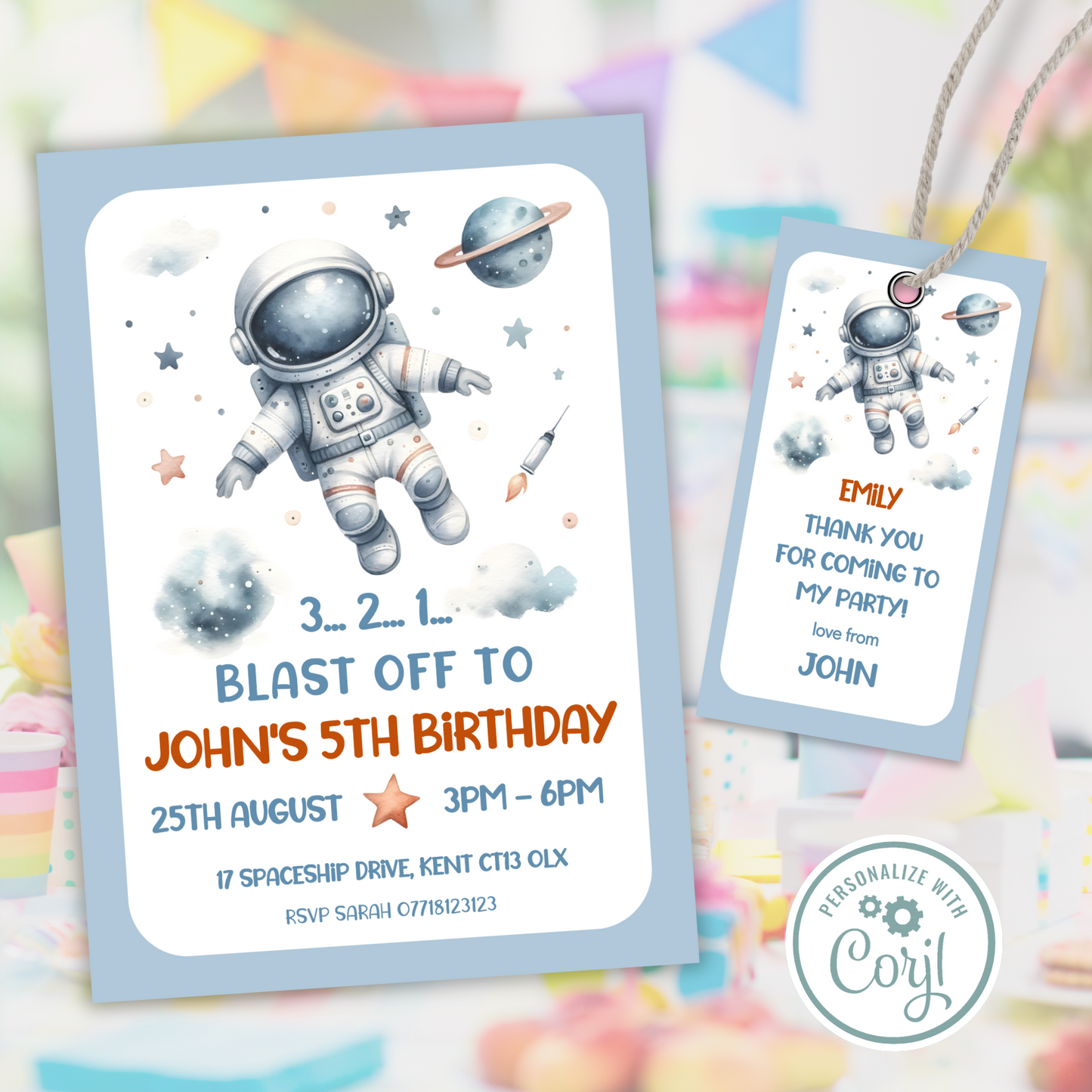 Editable Birthday Invitation and FREE Thank You Tag - Spaceman