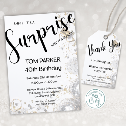 Editable Birthday Invitation and FREE Thank You Tag - Surprise Black