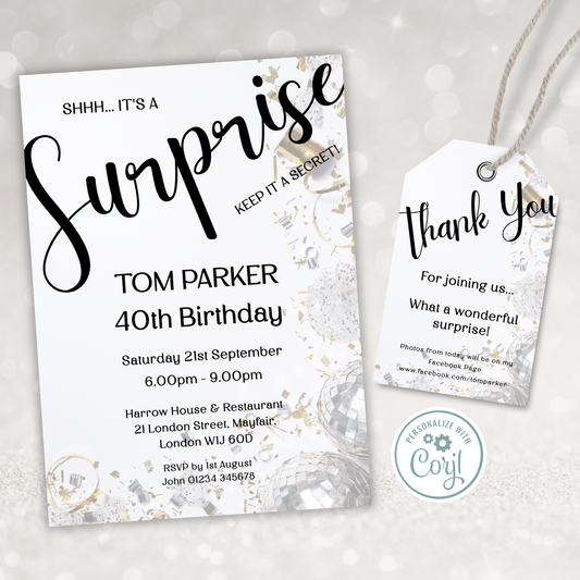 Editable Birthday Invitation and FREE Thank You Tag - Surprise Black