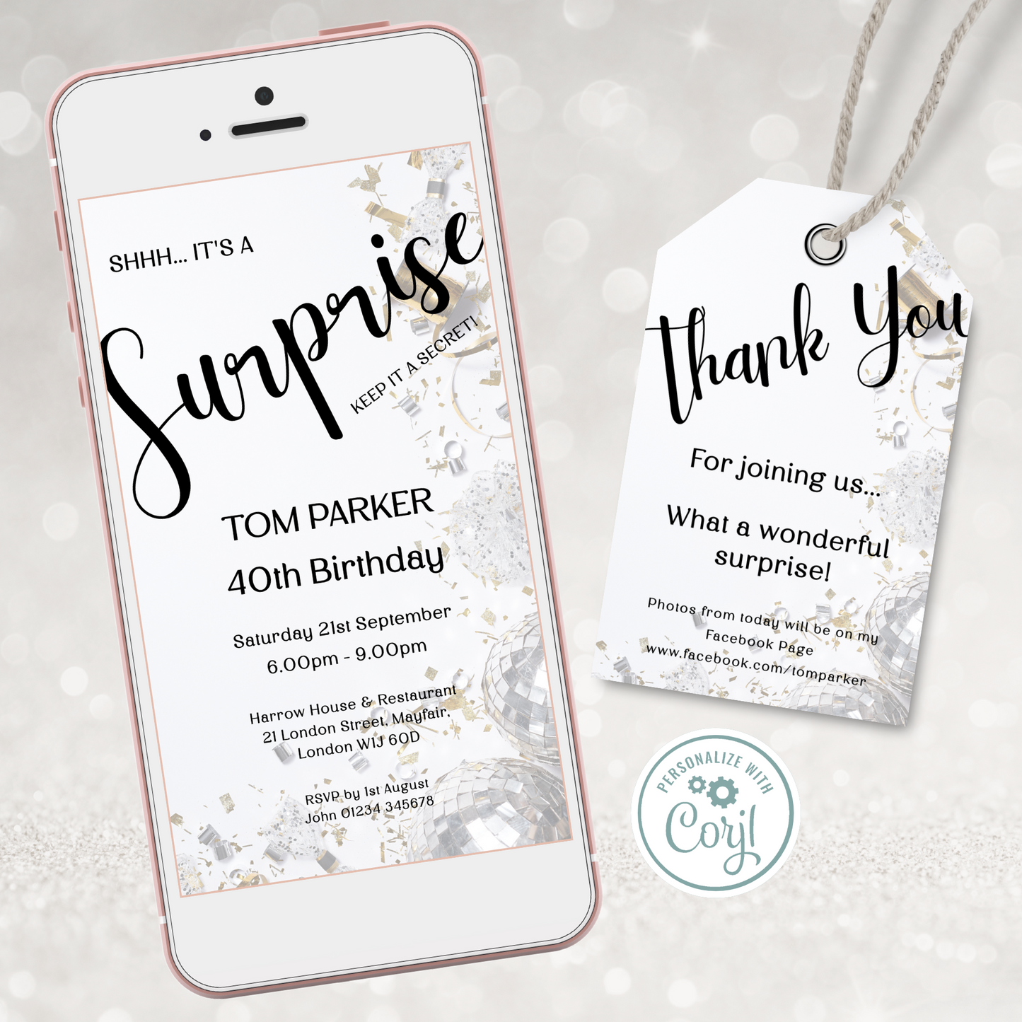 Editable Phone Birthday Invitation and FREE Thank You Tag - Surprise Black