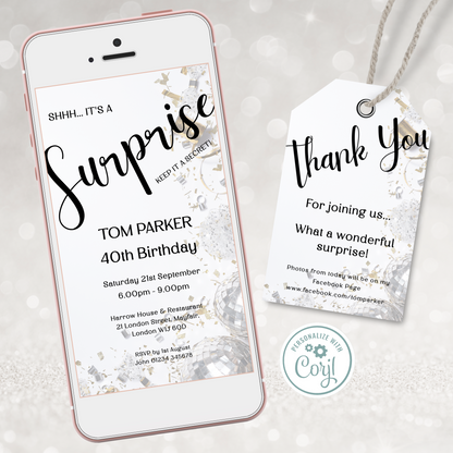 Editable Phone Birthday Invitation and FREE Thank You Tag - Surprise Black