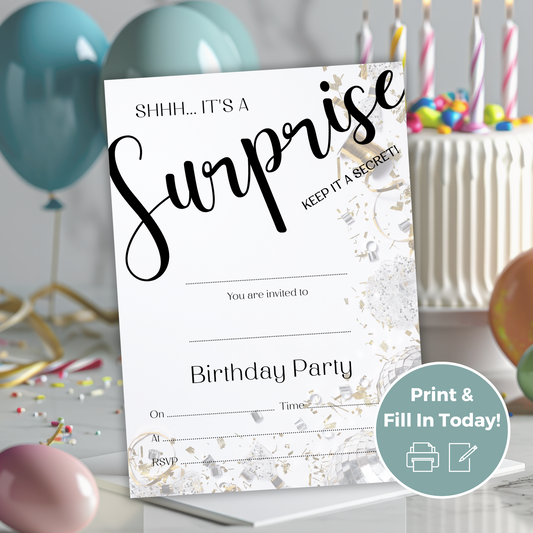 Printable Fill In Birthday Invitation - Surprise Black