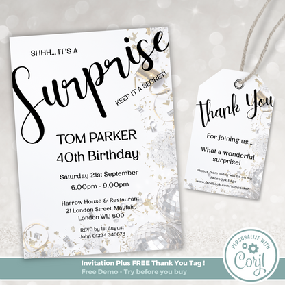 Editable Birthday Invitation and FREE Thank You Tag - Surprise Black