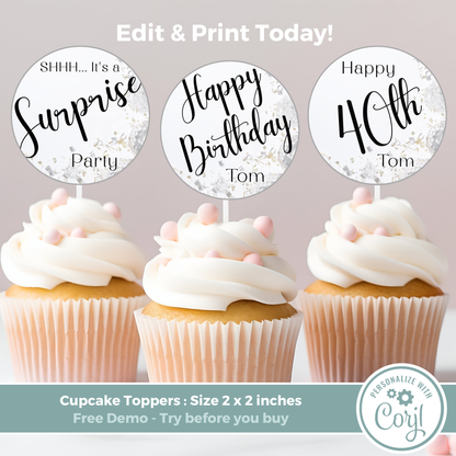 Editable Birthday Cupcake Toppers - Surprise Party