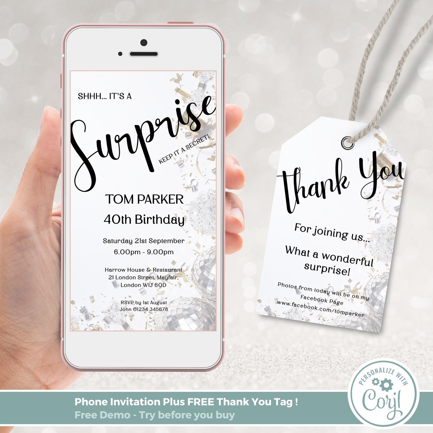 Editable Phone Birthday Invitation and FREE Thank You Tag - Surprise Black