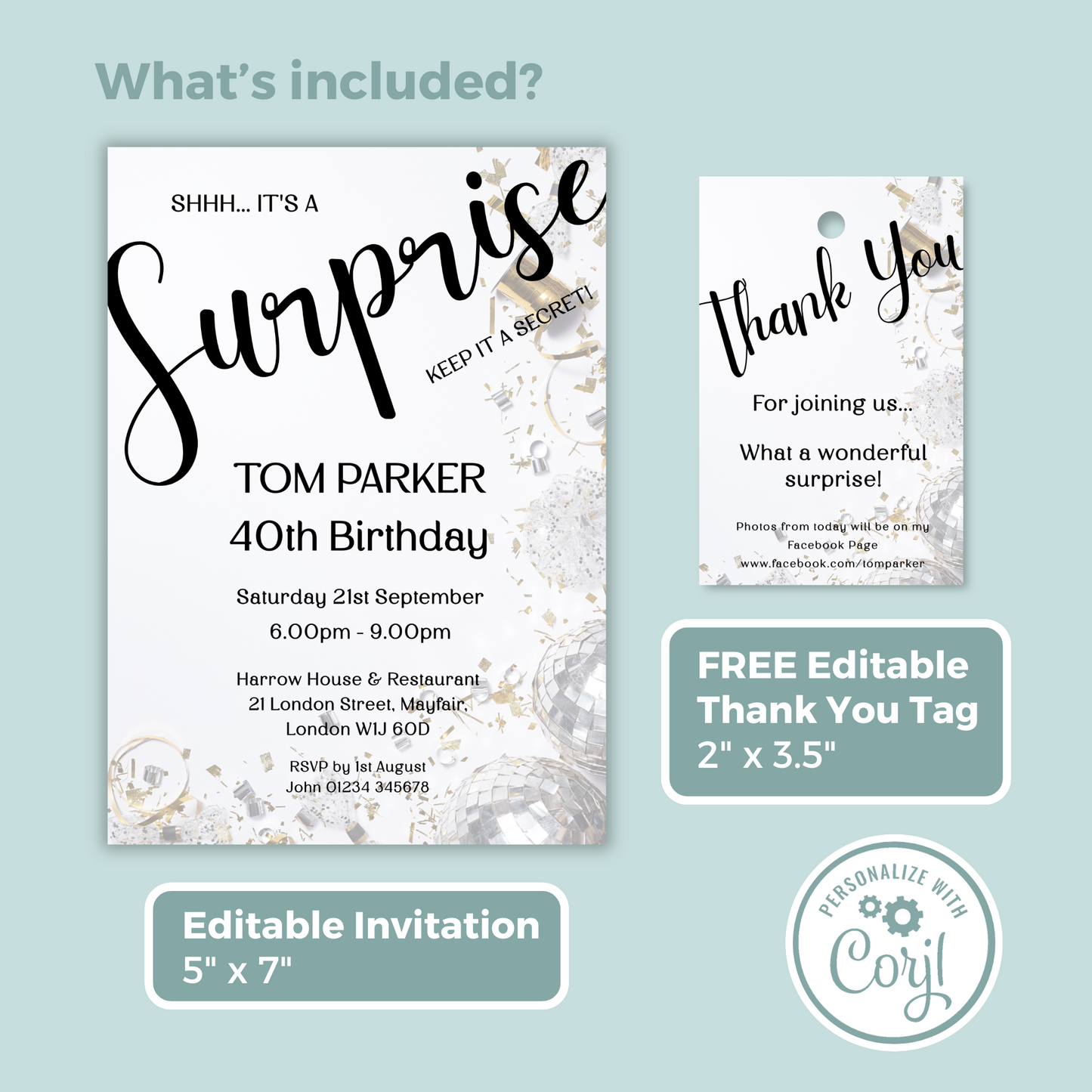 Editable Birthday Invitation and FREE Thank You Tag - Surprise Black