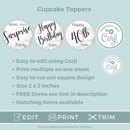 Editable Birthday Cupcake Toppers - Surprise Party