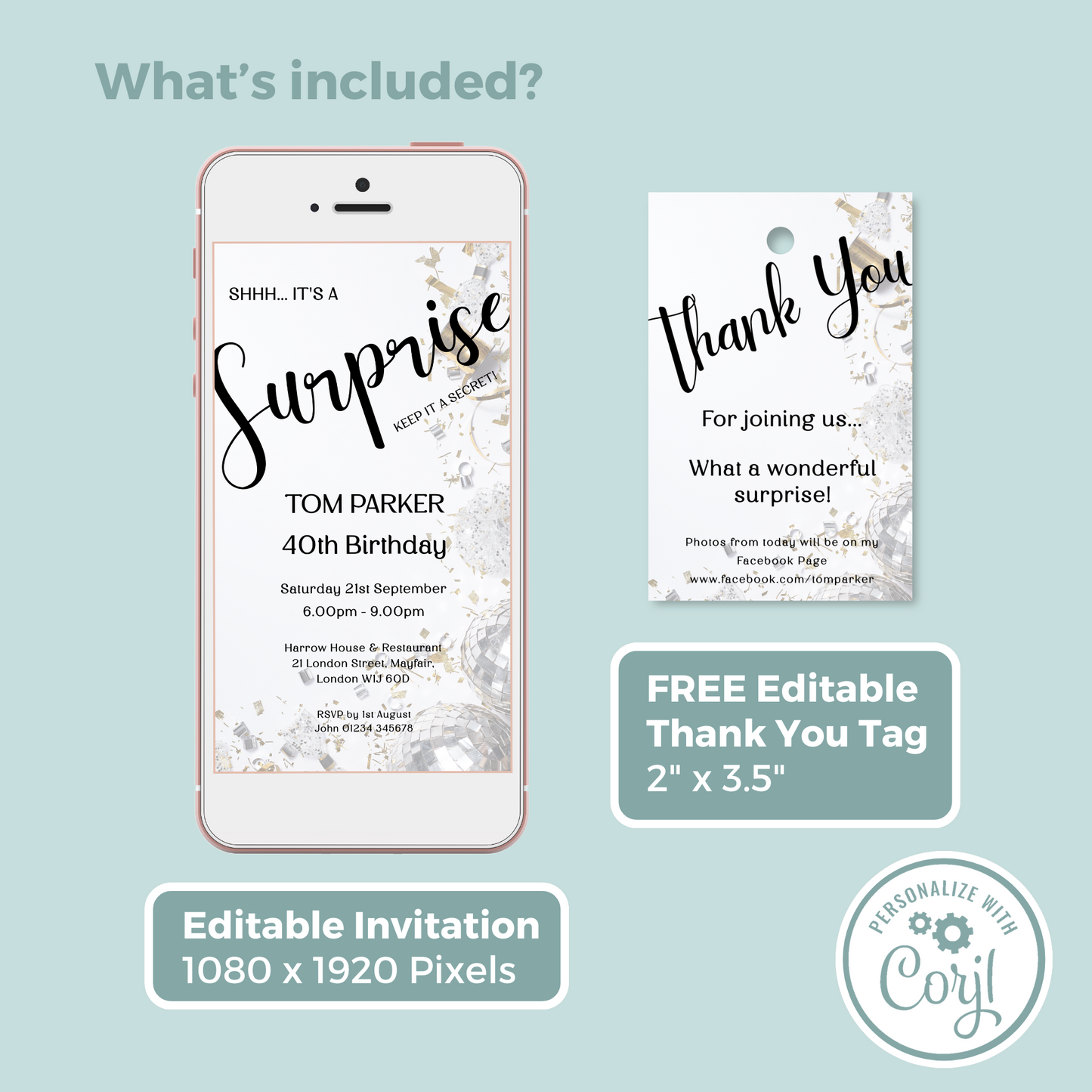 Editable Phone Birthday Invitation and FREE Thank You Tag - Surprise Black