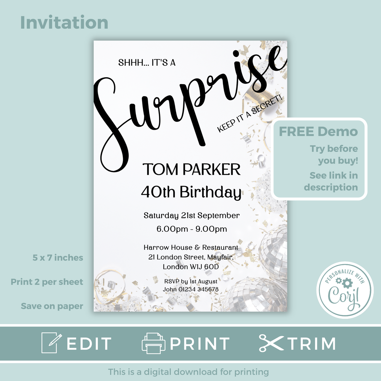 Editable Birthday Invitation and FREE Thank You Tag - Surprise Black