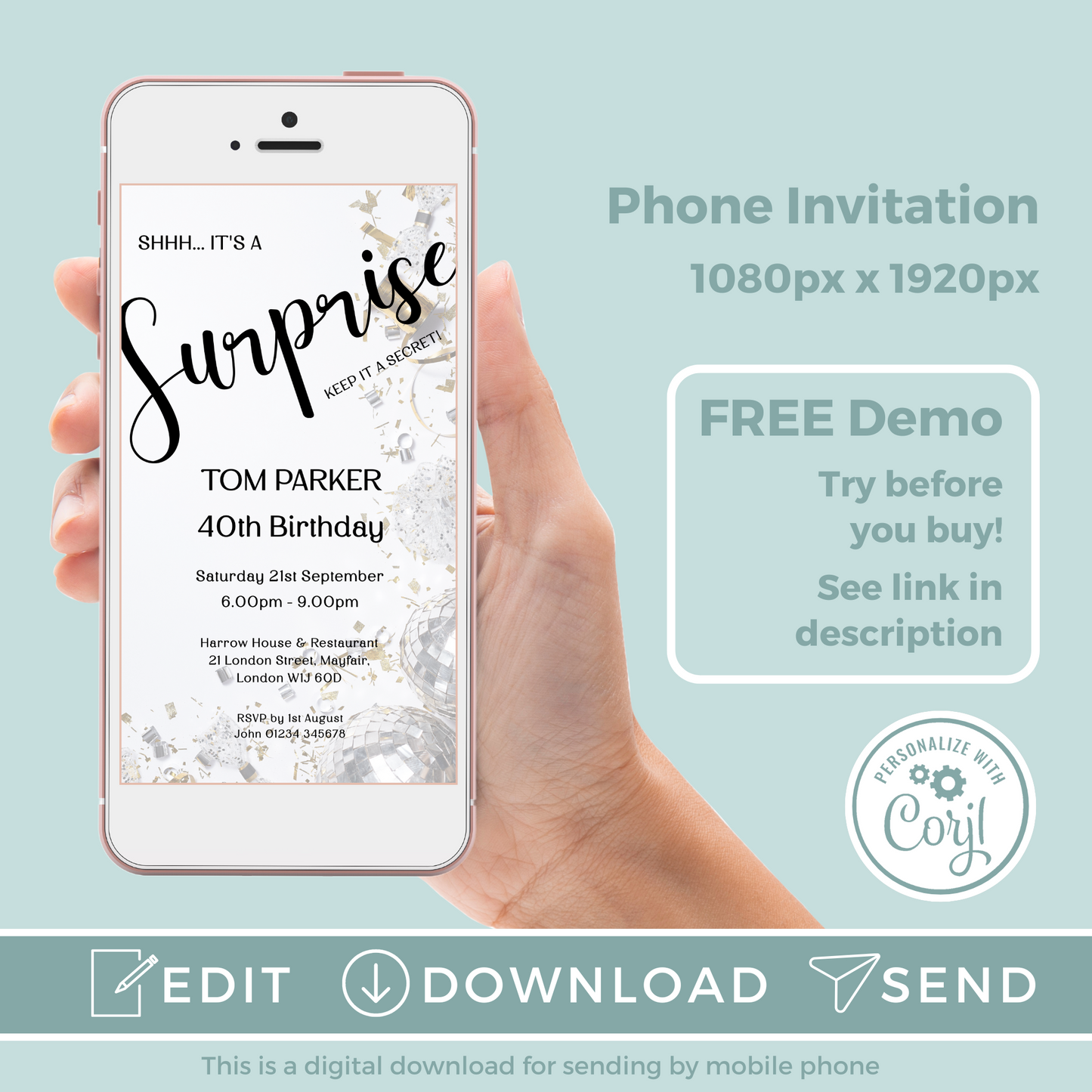 Editable Phone Birthday Invitation and FREE Thank You Tag - Surprise Black