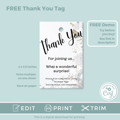 Editable Birthday Invitation and FREE Thank You Tag - Surprise Black