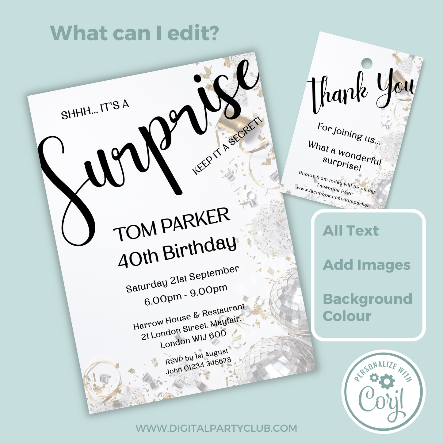 Editable Birthday Invitation and FREE Thank You Tag - Surprise Black