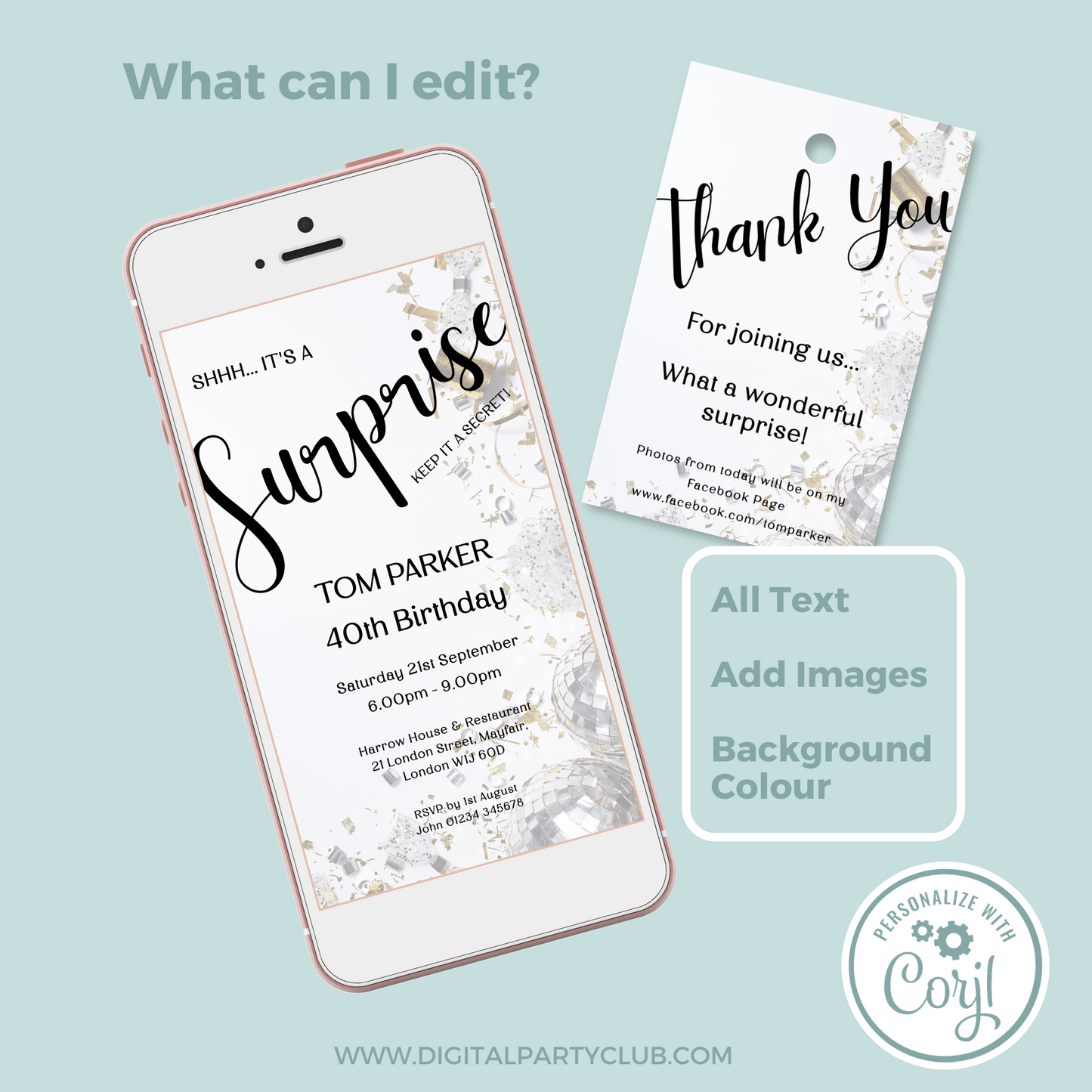 Editable Phone Birthday Invitation and FREE Thank You Tag - Surprise Black