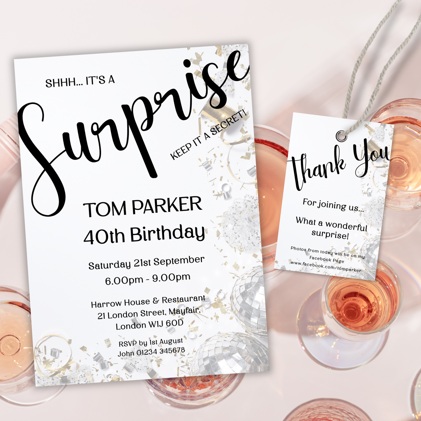 Editable Birthday Invitation and FREE Thank You Tag - Surprise Black