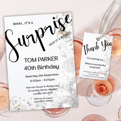Editable Birthday Invitation and FREE Thank You Tag - Surprise Black