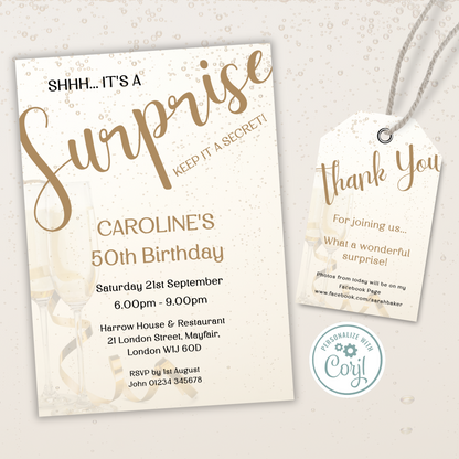 Editable Birthday Invitation and FREE Thank You Tag - Surprise Gold