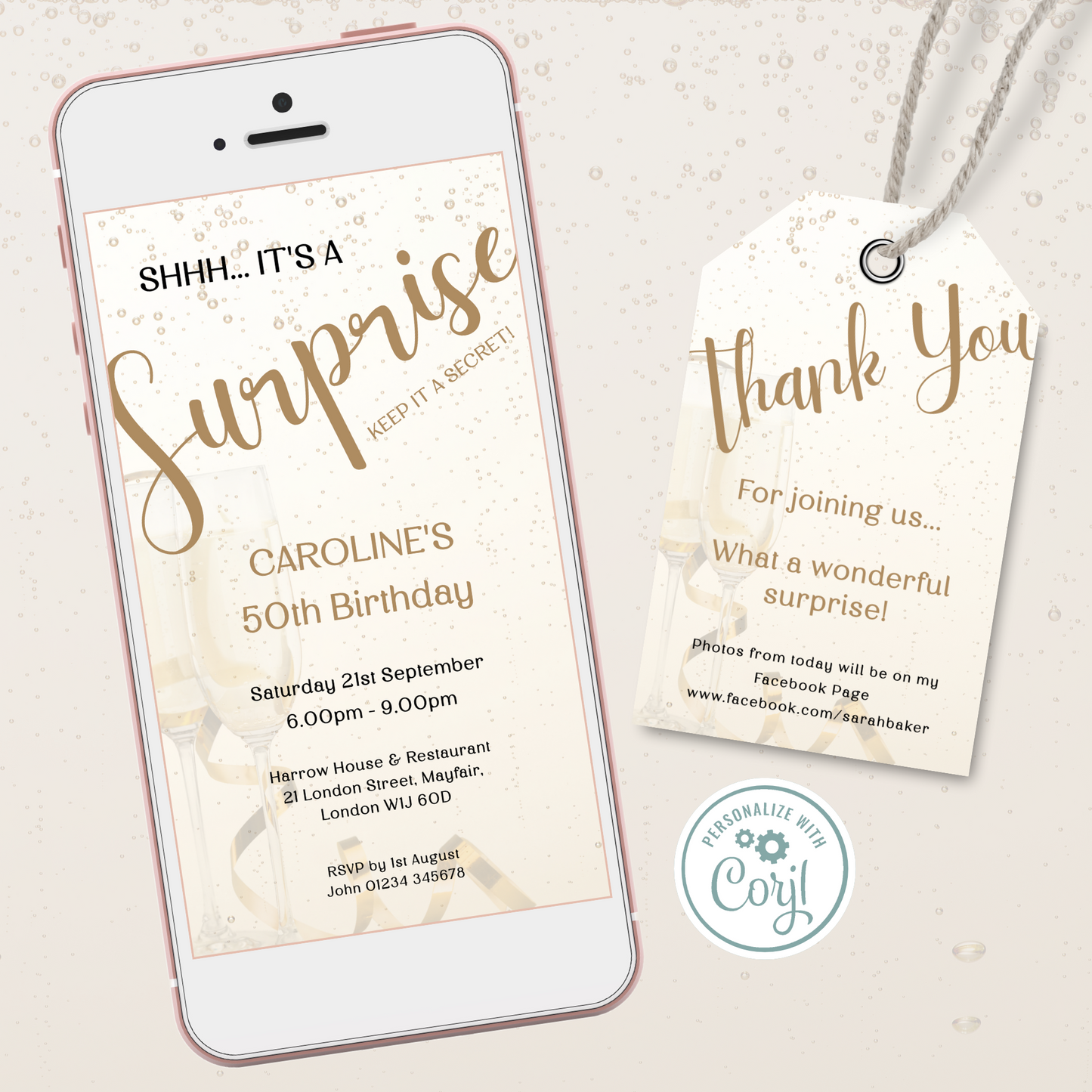 Editable Phone Birthday Invitation and FREE Thank You Tag - Surprise Gold