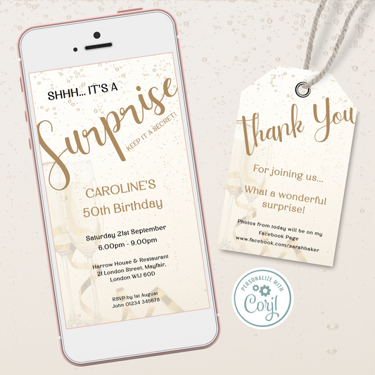 Editable Phone Birthday Invitation and FREE Thank You Tag - Surprise Gold