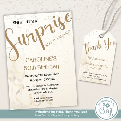 Editable Birthday Invitation and FREE Thank You Tag - Surprise Gold