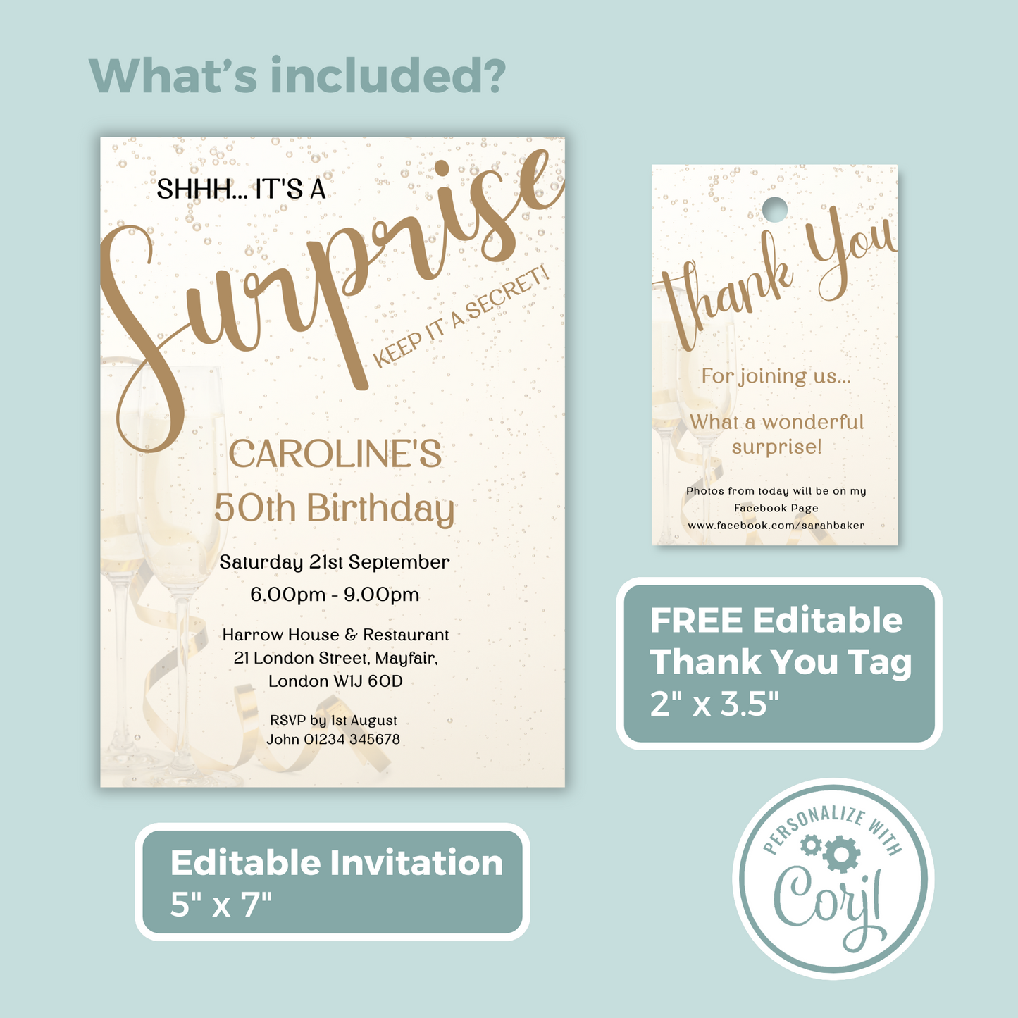 Editable Birthday Invitation and FREE Thank You Tag - Surprise Gold