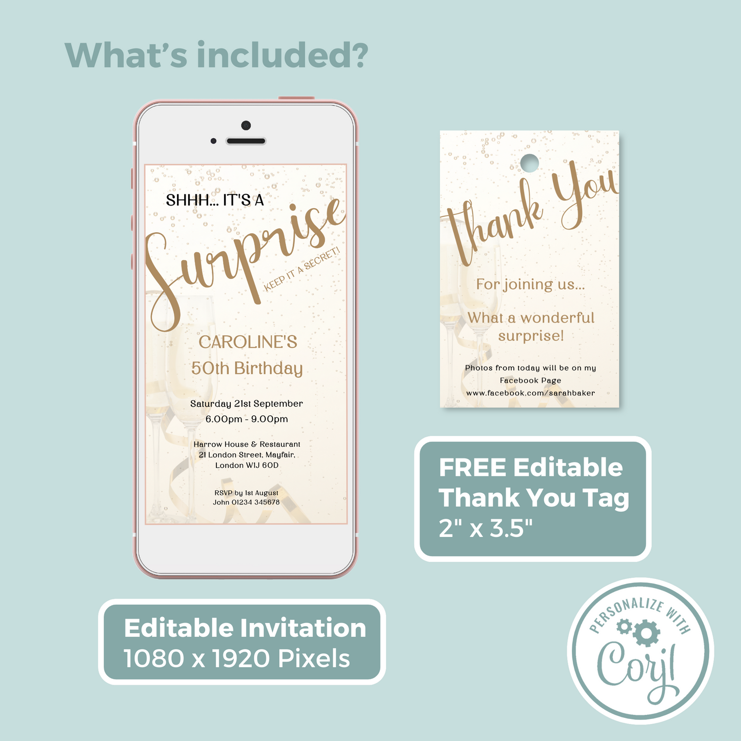 Editable Phone Birthday Invitation and FREE Thank You Tag - Surprise Gold