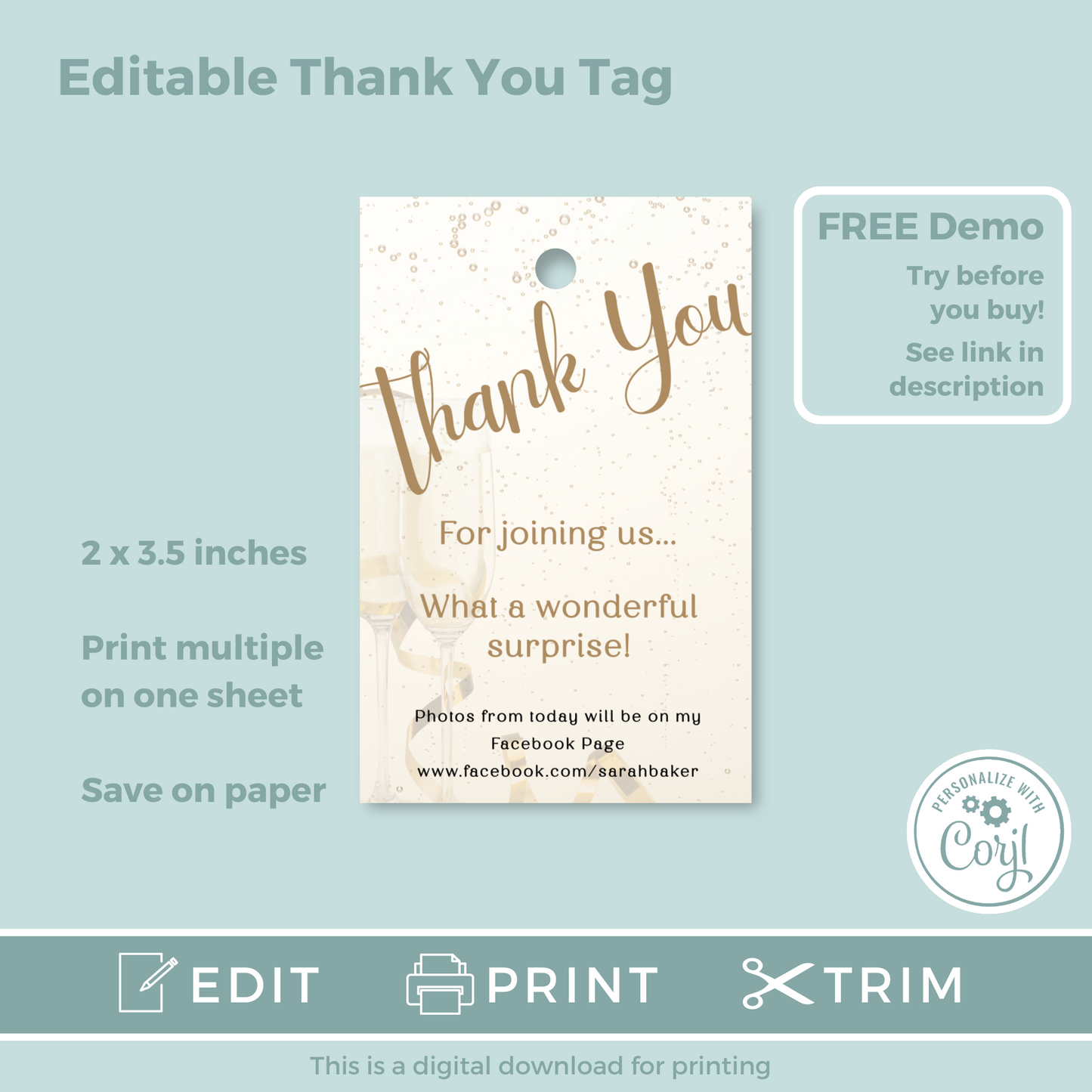 Editable Birthday Thank You Tag - Surprise Gold