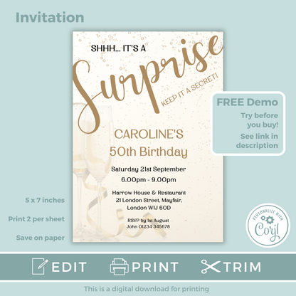 Editable Birthday Invitation and FREE Thank You Tag - Surprise Gold
