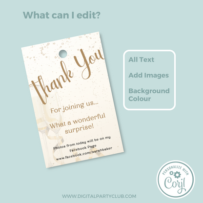 Editable Birthday Thank You Tag - Surprise Gold