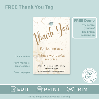 Editable Phone Birthday Invitation and FREE Thank You Tag - Surprise Gold