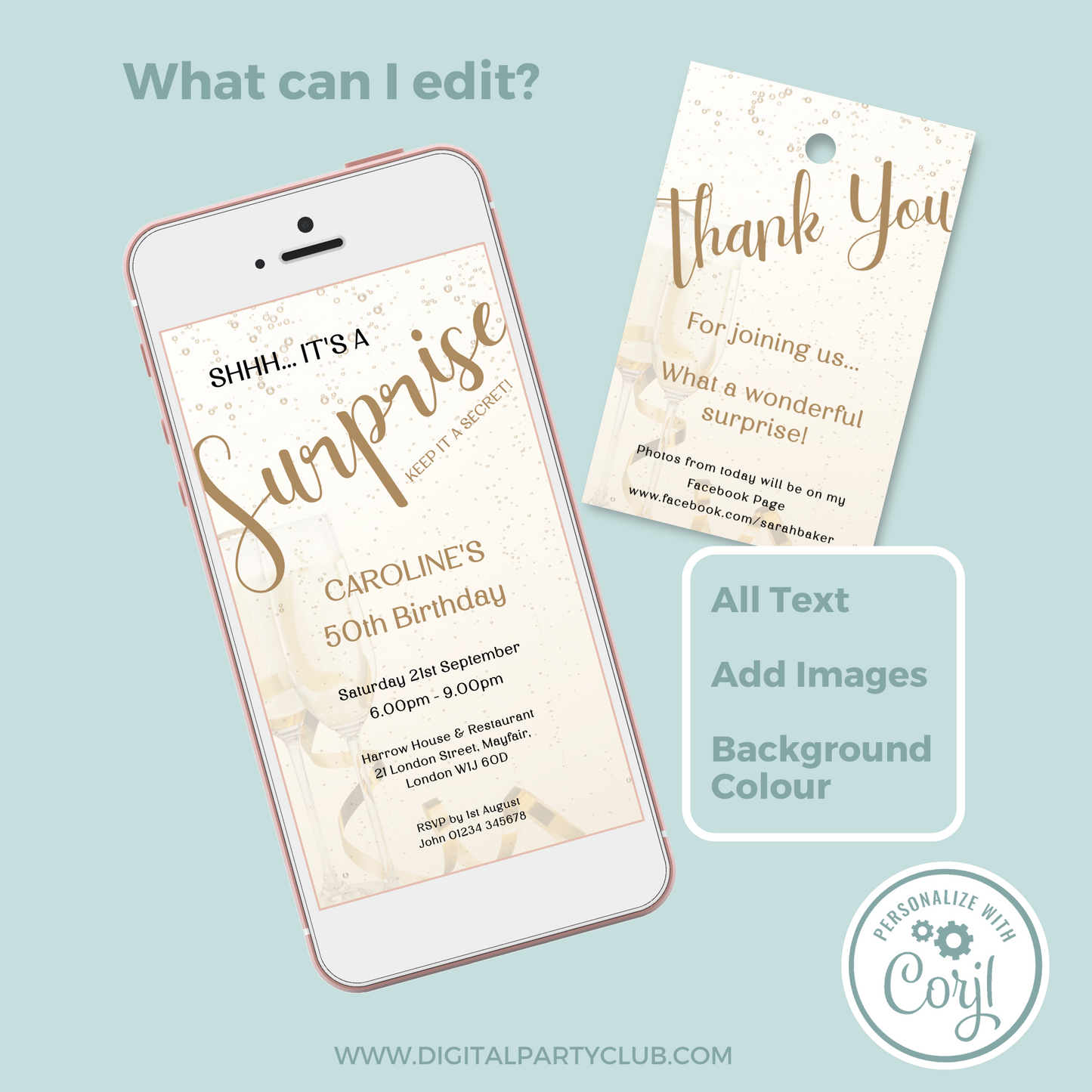 Editable Phone Birthday Invitation and FREE Thank You Tag - Surprise Gold