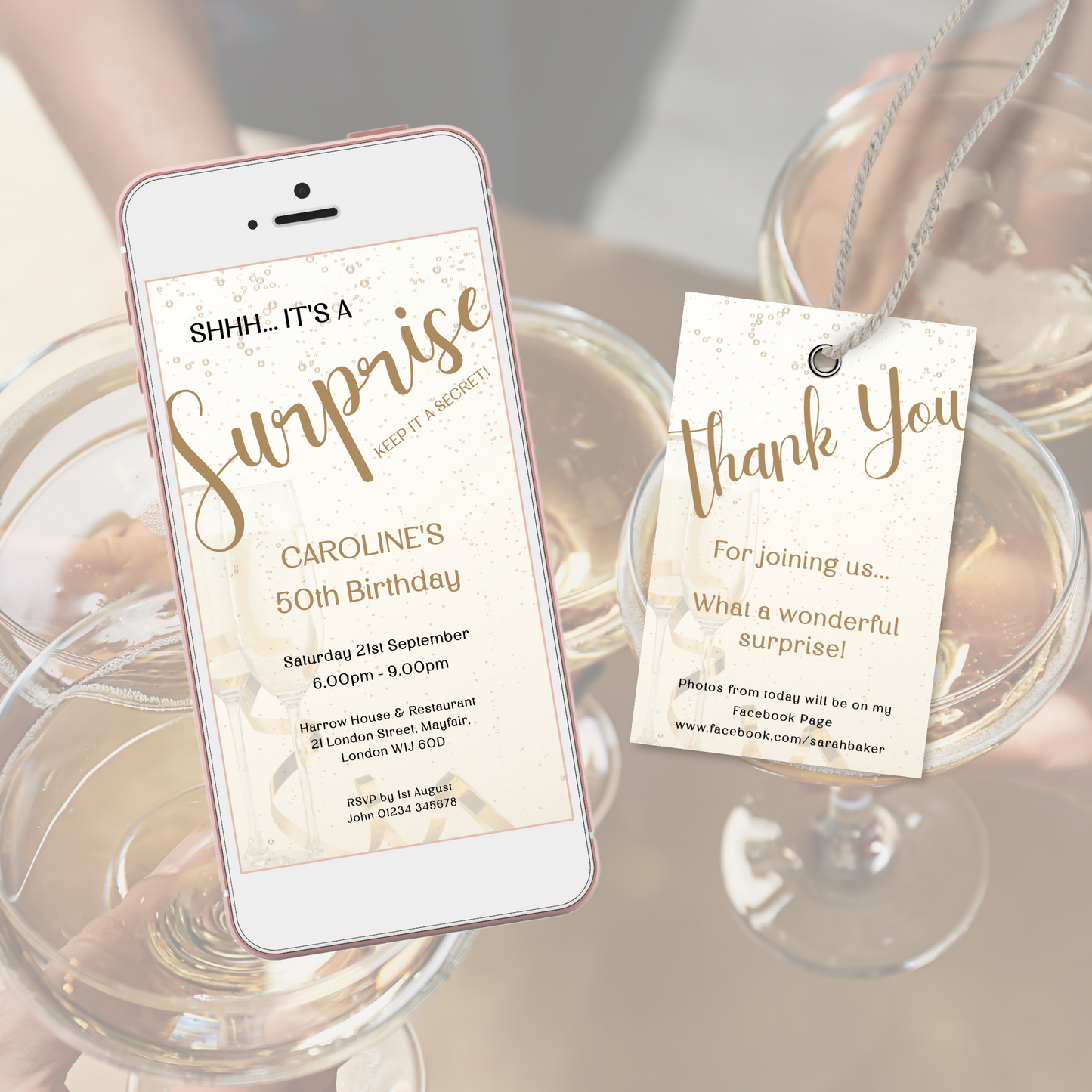 Editable Phone Birthday Invitation and FREE Thank You Tag - Surprise Gold