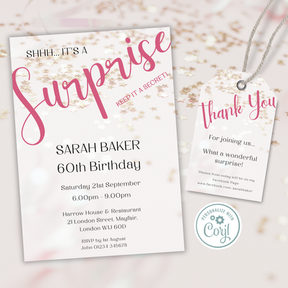Editable Birthday Invitation and FREE Thank You Tag - Surprise Pink