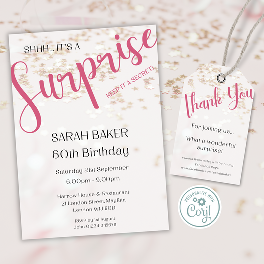 Editable Birthday Invitation and FREE Thank You Tag - Surprise Pink