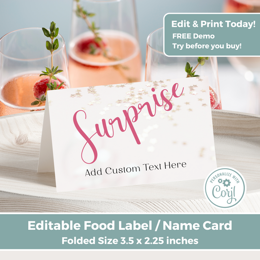 Editable Birthday Food Label / Name Card - Surprise Pink