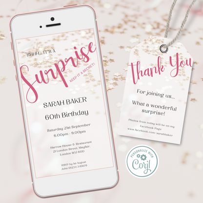 Editable Phone Birthday Invitation and FREE Thank You Tag - Surprise Pink