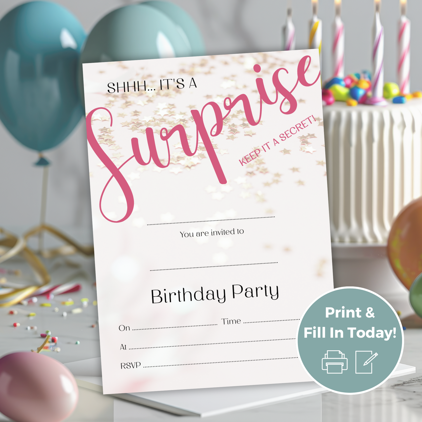 Printable Fill In Birthday Invitation - Surprise Pink