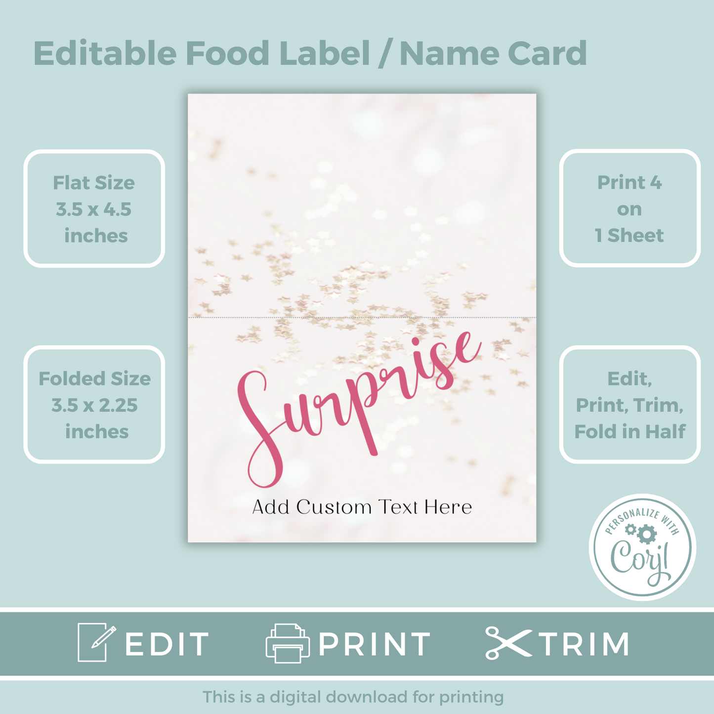 Editable Birthday Food Label / Name Card - Surprise Pink