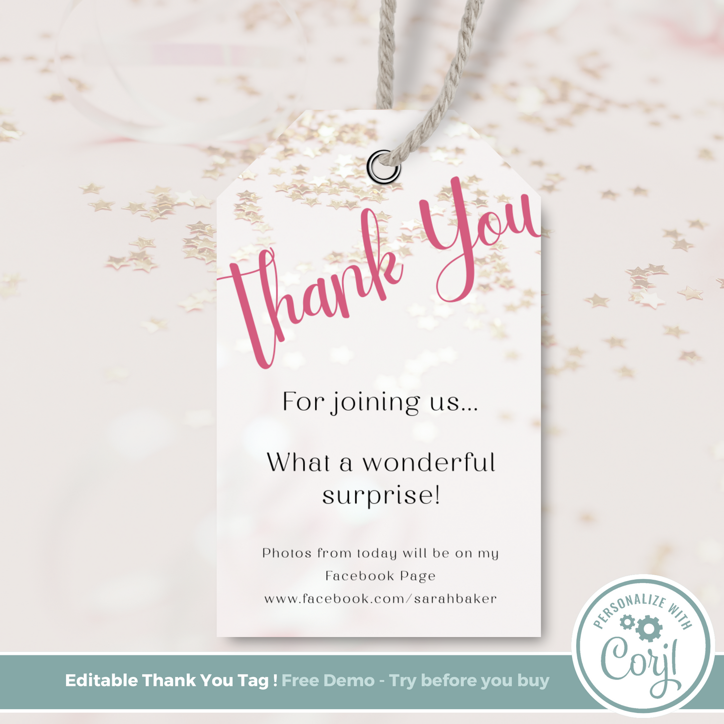 Editable Birthday Thank You Tag - Surprise Pink