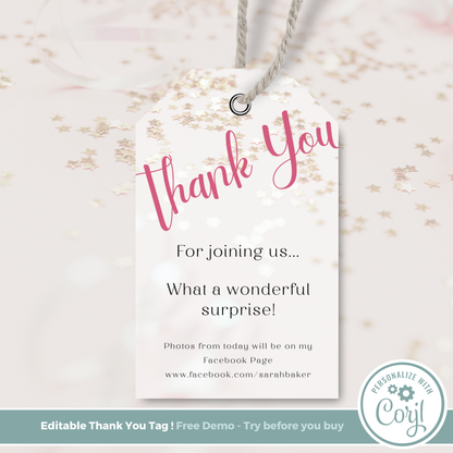 Editable Birthday Thank You Tag - Surprise Pink