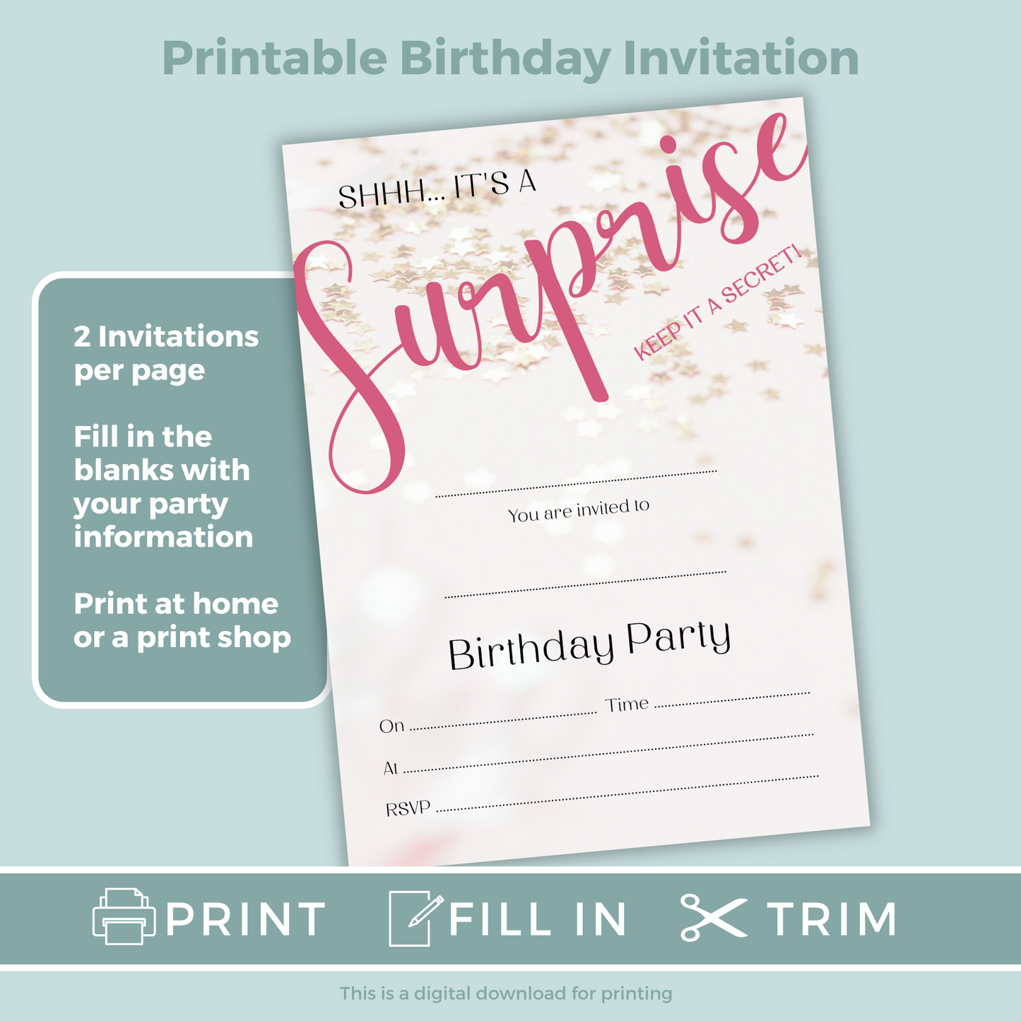 Printable Fill In Birthday Invitation - Surprise Pink